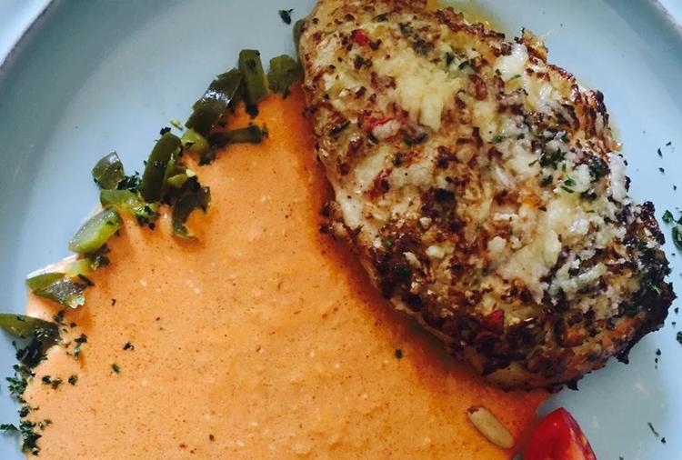 Cauliflower Crusted Chicken With a Spicy Romesco
